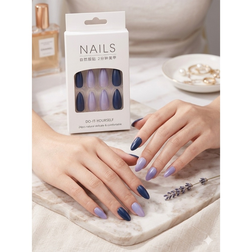 NIB NAILS Do-It-Yourself Press-On Nails -‎ Lavender & Navy Ombre 24 Pc